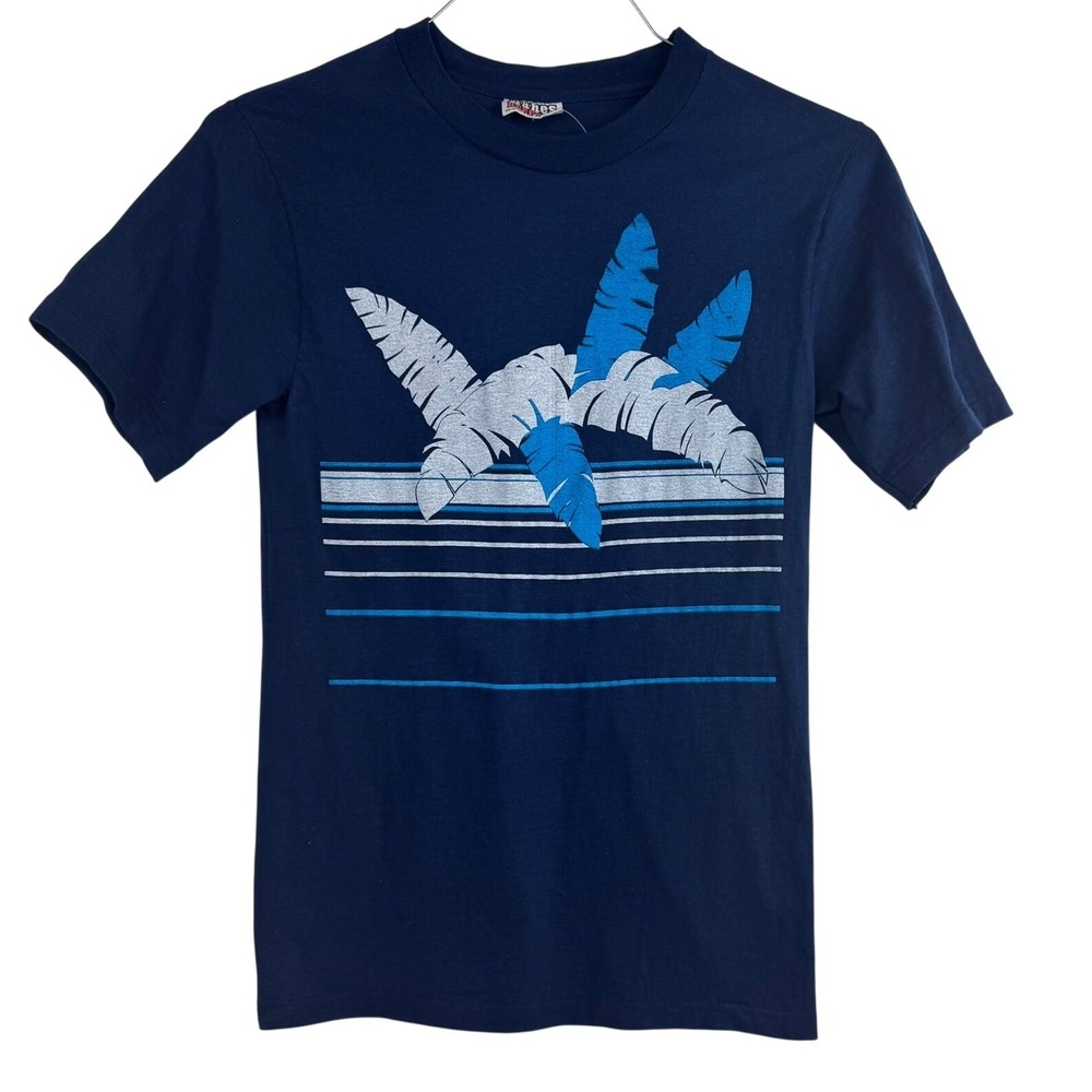VTG 80s Palm Leaf Graphic T-Shirt S.S. Navy Cotton‎ Made USA Hanes Beefy-T Sz XS